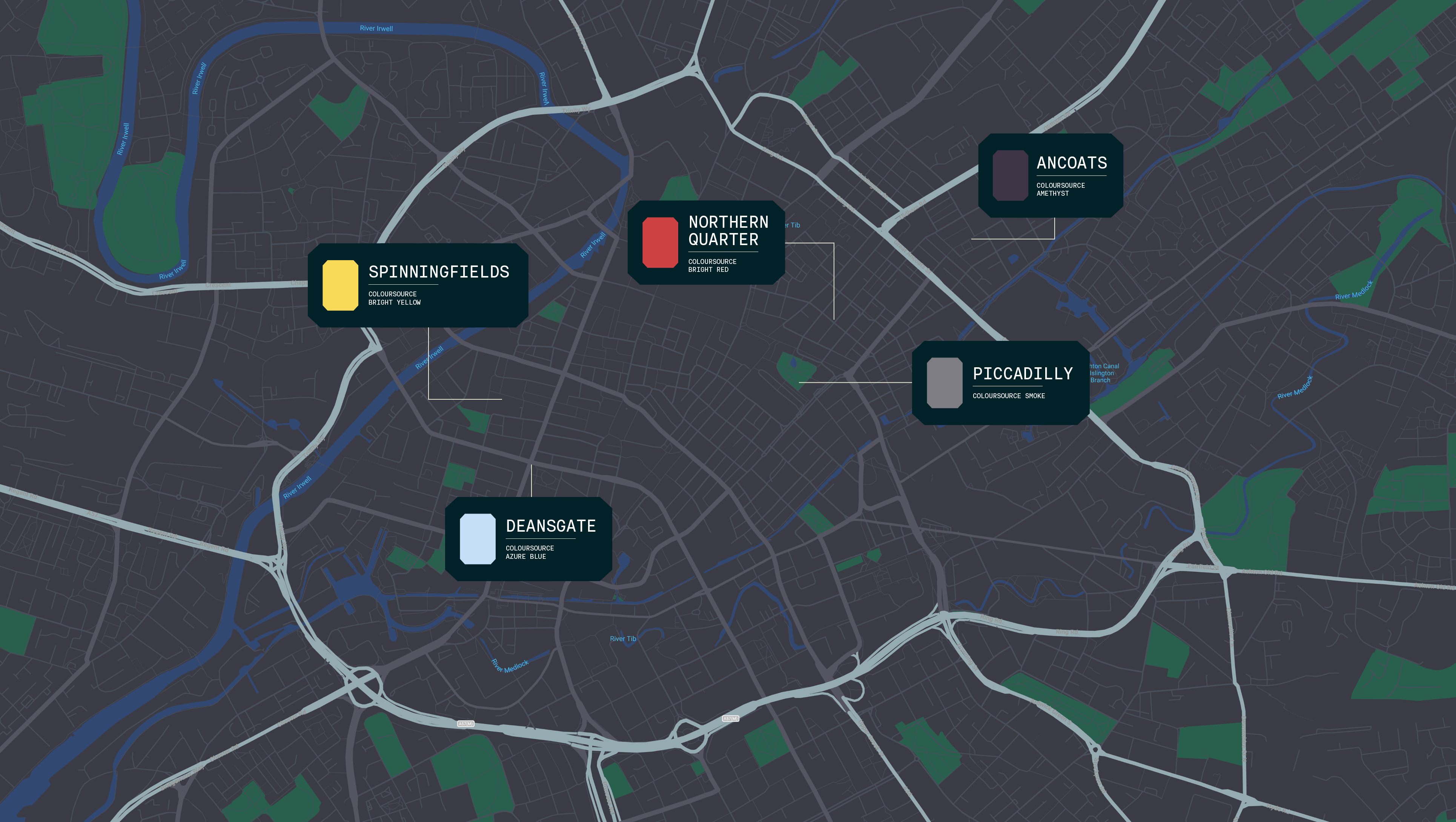 A map - pinpointing the colours of geographical locations within Manchester.