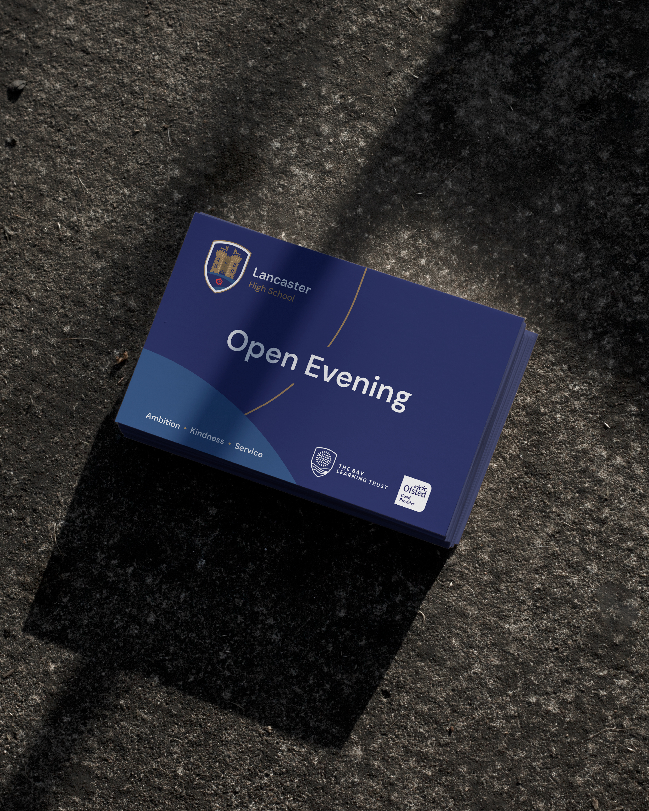 A open evening postcard, handed out to parents and prospective students ahead of the event